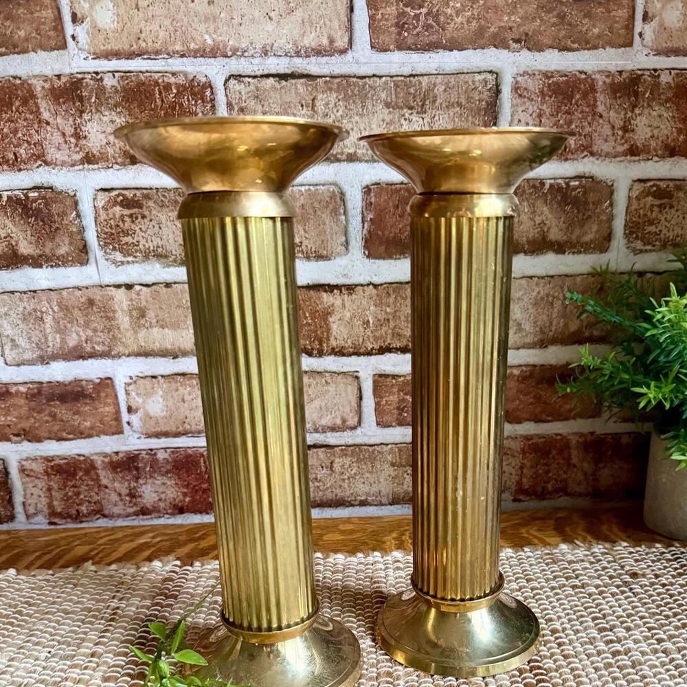 Vintage Brass Pillar Candle Holders 10.5 Inch Fluted Column Can Regency